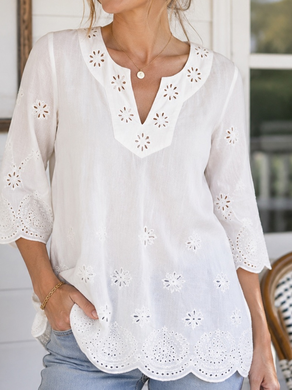 Gretchen Scott Designs White Eyelet Embroidered Tunic Top XS Scallop Boho
